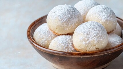 Fototapeta premium Delicious powdered sugar coated donuts in a wooden bowl