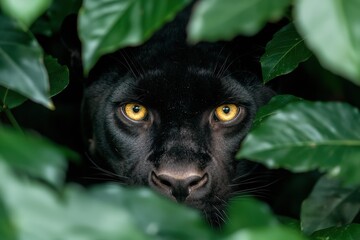 Obraz premium Close-up of a black panther peeking through green leaves