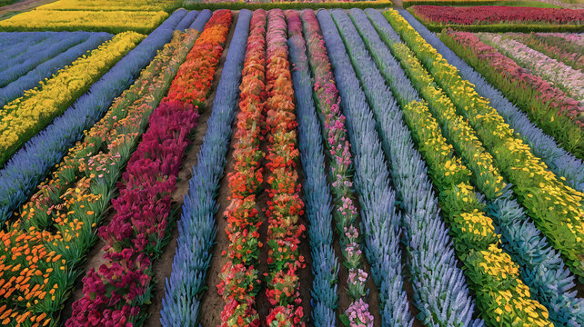 Aerial view of vast flower field with rows of vibrant blooms creates patchwork effect. Colors range from cheerful yellows to deep reds and calming purples, showcasing tulips, daffodils, and hyacinths.
