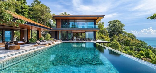 Modern luxury villa with an infinity pool overlooking the ocean.
