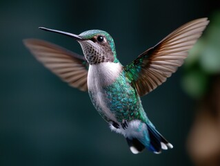 Obraz premium Vibrant hummingbird in flight against dark background