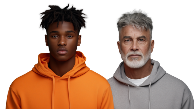 Older and younger men posing together