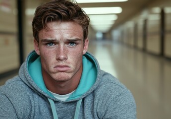 Obraz premium Thoughtful young man with freckles and blue eyes