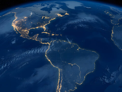 Visi&oacute;n espacial de Am&eacute;rica con enfoque en Am&eacute;rica Latina. Las fronteras iluminadas y el relieve de la regi&oacute;n son visibles
