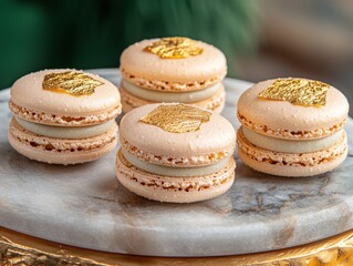 Fototapeta premium Elegant golden macarons on marble background