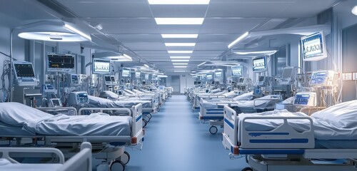 A hospital intensive care ward with rows of beds equipped with medical monitoring equipment, bright lighting and a sterile, organized space.