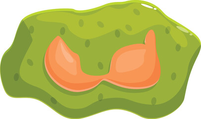Cartoon style illustration of an orange bikini top lying on a green slime puddle