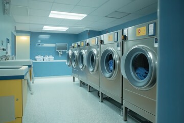 A hospital laundry room with industrial washing machines, brightly lit and organized for hygiene and efficiency.