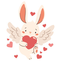 Cute vector illustration in children's style on white background for Valentine's Day. Cute cupid rabbit with wings holding a heart. Vector illustration
