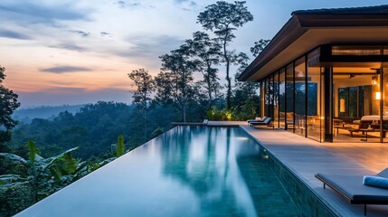 Modern villa with infinity pool overlooking a lush green valley at sunset.