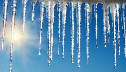 shining icicles hanging from above in the sun rays  -  frosty winter background