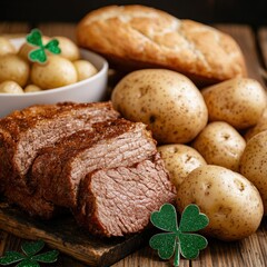 Hearty St. Patrick's Day meal with corned beef, potatoes, and shamrock decor