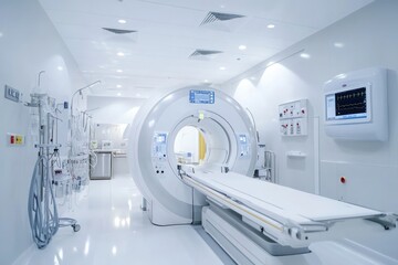 A hospital MRI room with advanced scanning equipment, clean white walls, and organized tools for precision diagnostics.
