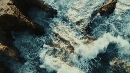 Aerial view of turbulent ocean waves crashing against rocky cliffs.