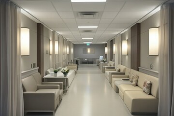 A hospital outpatient clinic with clean seating and modern d?(C)cor, soft lighting and organized spaces for a calming environment.