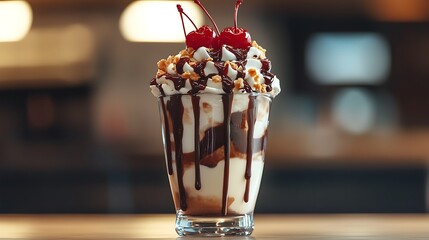 Chocolate Ice Cream Black Forest Sundae Cherry Garnish Temptation Image