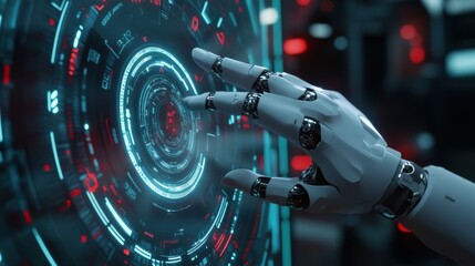 Fototapeta premium Futuristic robotic hand interacting with a glowing interface panel