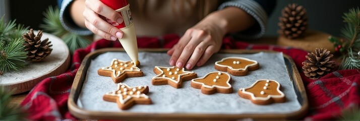 Festive holiday baking scene with gingerbread cookies and icing decoration