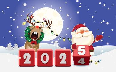 Santa Claus and decorated Reindeer with wreath and luminous electric garland changing date from 2024 to 2025 rotating cubes with numbers in a winter surroundings