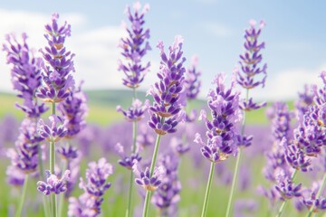 Naklejka premium Vibrant Lavender Fields in the Cotswolds Under a Brilliant Summer Sky