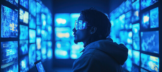 Software engineer analyzing big data on multiple computer screens