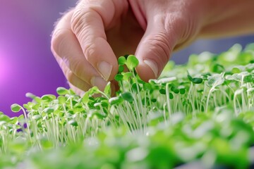 Hands Carefully Cultivating Microgreens in a Vibrant Hydroponic Garden With LED Grow Lights