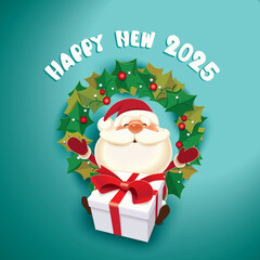 Santa Claus with a gift box and Christmas wreath, Happy New Year 2025 celebrate concept