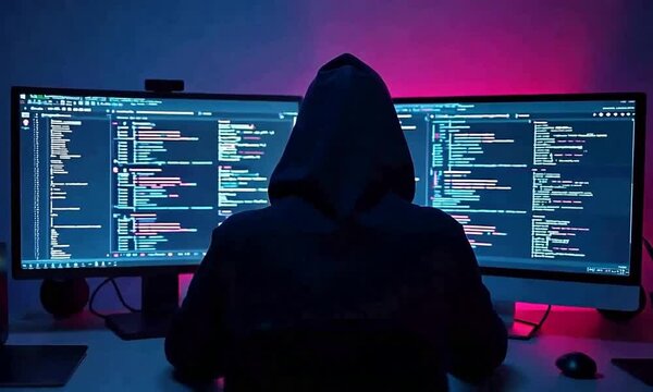 A cyber security hacker in a dark headquarters with a neon light on the wall in front of two screens