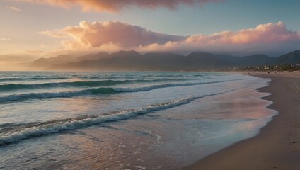 Obraz premium A beach at sunset. Gentle waves on a sandy shore, with pink and orange clouds over mountains.