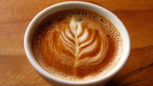 Close-up of Espresso Crema with Rich Texture and Warm Wooden Coffee Shop Ambiance