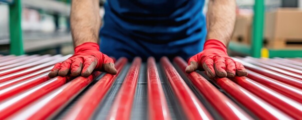 Flow of Inventory management and stock optimization concept. A worker in red gloves is positioned over metallic rods in a warehouse setting, emphasizing safety and industrial work.
