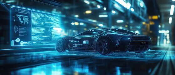 Fototapeta na wymiar A futuristic car in a high-tech environment with digital interfaces.