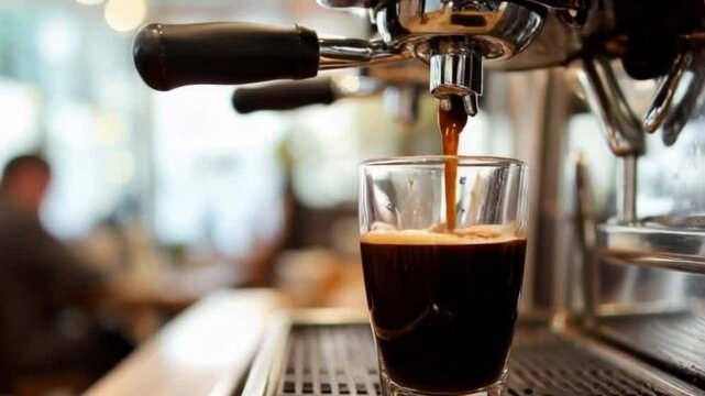 Close-up of doppio espresso pouring with thick golden crema in a modern coffee shop, Rich double espresso shot pouring with crema into a glass in a coffee bar setting