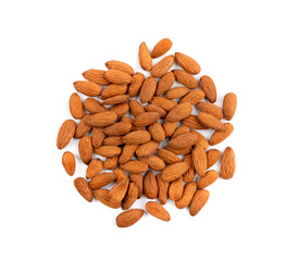 Almonds pile isolated, nut group, almond seeds, brown scattered fruit kernels on white background