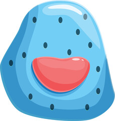 Cheerful, simple amoeba character is smiling, featuring a vibrant blue body, red mouth, and black dots