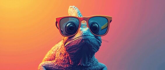 Fototapeta premium Iguana with sunglasses solid color background