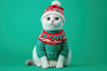festive white scottish fold cat in a red and green christmas sweater, holiday themed portrait