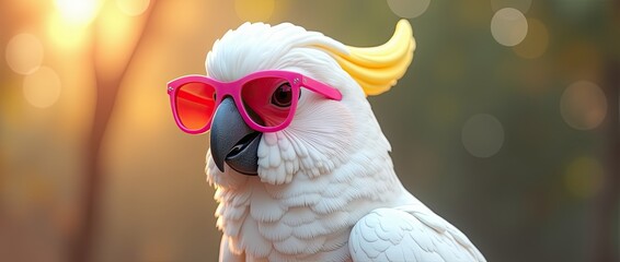 white cockatoo with pink glasses, in v-ray tracing style, hyper-realistic animal portraits, golden age aesthetic