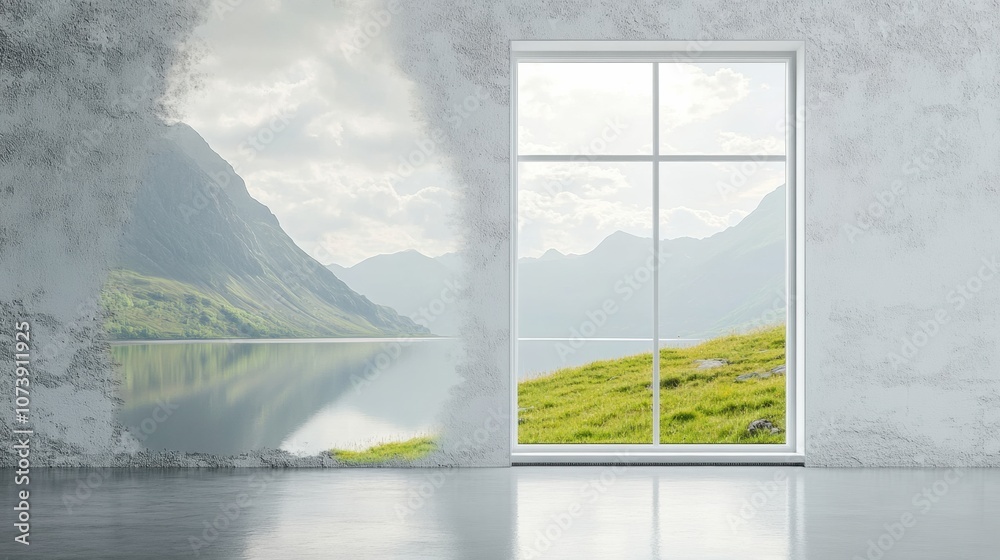 Poster A calm window displays a breathtaking view of mountains and water, creating a peaceful contrast with the empty indoors. Generative AI