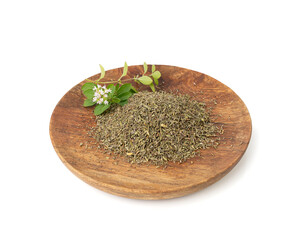 Dry thyme isolated, dried marjoram, oregano pile, ground crushed thyme seasoning, thyme leaves