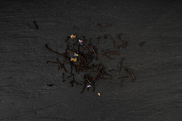 Flavored Black Tea Leaves Pile Texture, High Quality Black Tea Pile with Fruits and Flowers, Dry Tea Leaves