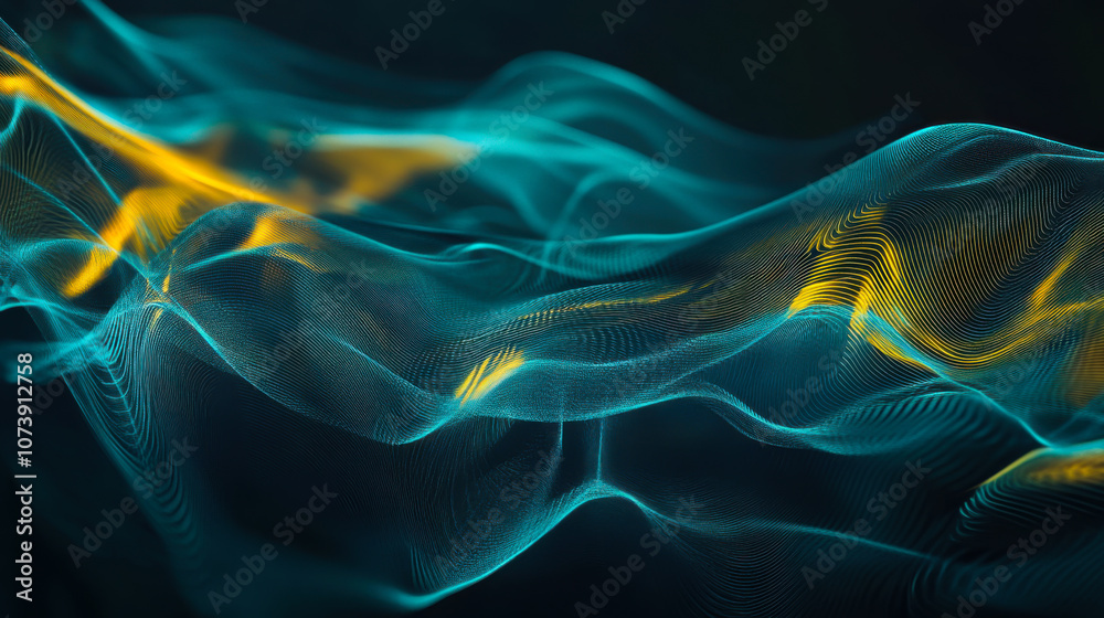 Poster abstract wave patterns with flowing lines in blue and yellow hues creating a captivating visual effe