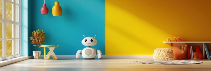 This cheerful children's room showcases friendly robot assistants against vibrant blue and yellow walls, ideal for imaginative play. Generative AI