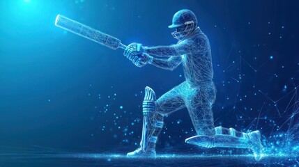 A digital representation of a cricket player in action with a bat.