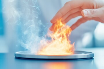 Brightly Lit Laboratory With a Chemist Observing Colorful Vapors From a Heated Round Bottom Flask
