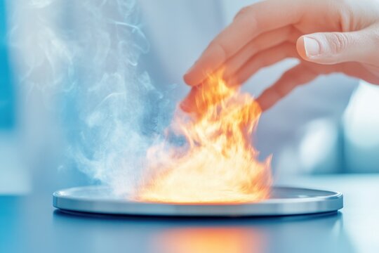 Brightly Lit Laboratory With a Chemist Observing Colorful Vapors From a Heated Round Bottom Flask