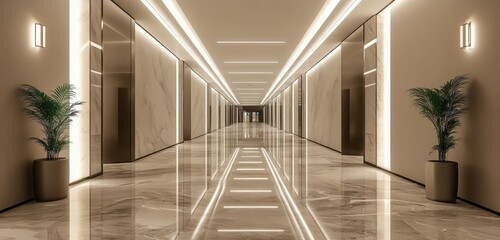 A spacious commercial corridor with reflective marble floors and minimalist lighting fixtures, creating a sleek, welcoming atmosphere in a modern building.