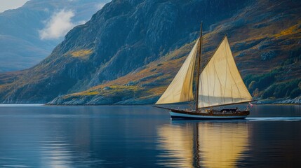 Naklejka premium A sailboat glides across a tranquil lake surrounded by mountains.