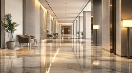 A spacious corridor in a modern lobby, featuring glossy marble floors, minimalist furnishings, and elegant lighting fixtures, offering a refined aesthetic.