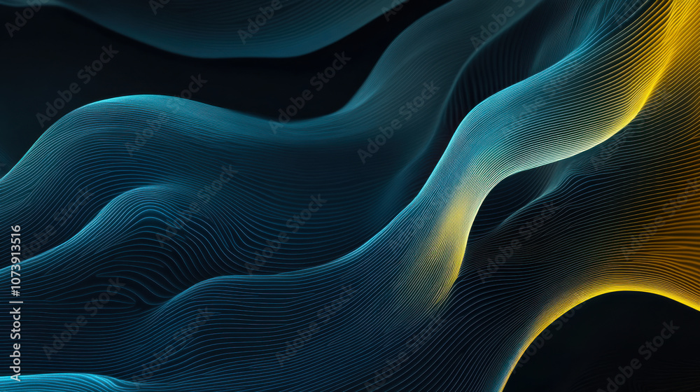 Poster abstract wave patterns with flowing lines in blue and yellow hues creating a captivating visual effe